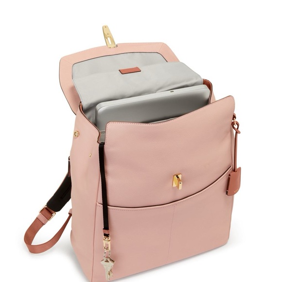 NWOT TUMI Pink and Brown Leather Backpack with Gold Clasp - Picture 2 of 12